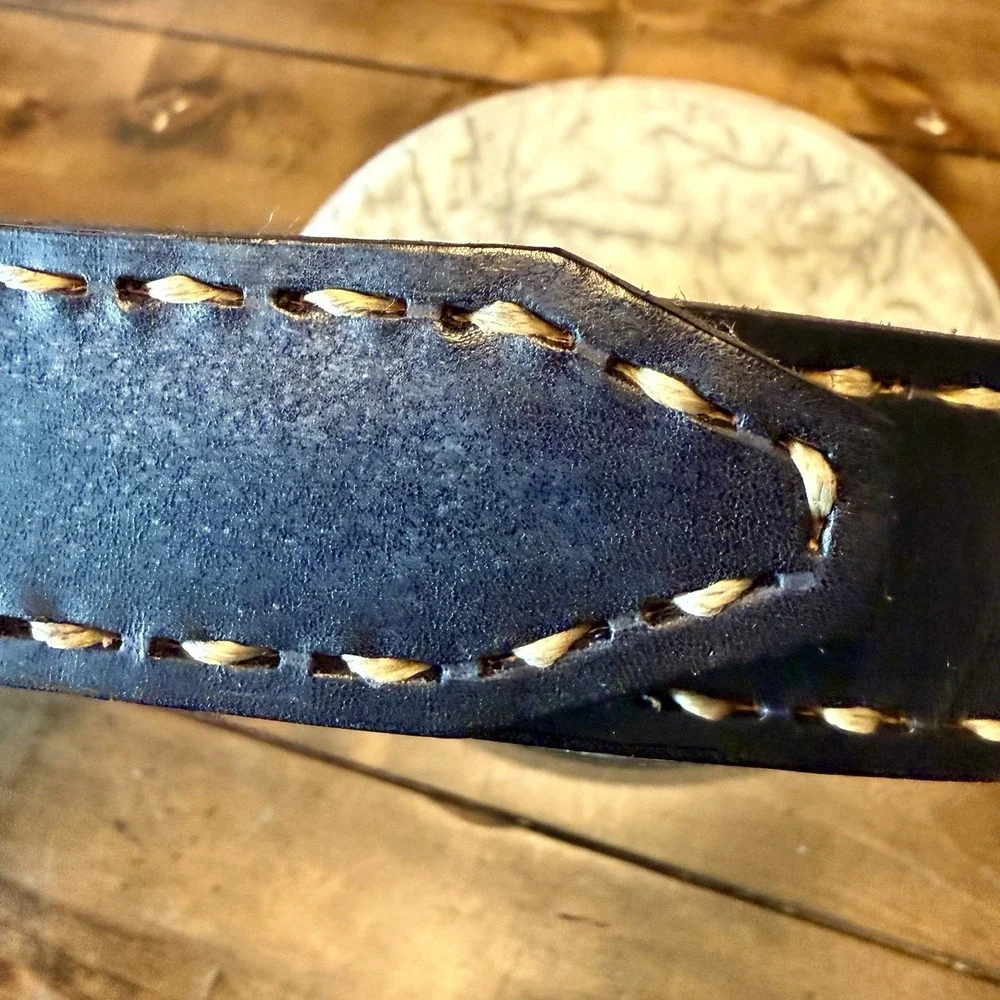 VTG 70s Hand Tooled RALPH Black Western Biker Leather Belt Cowboy USA Men 38-43